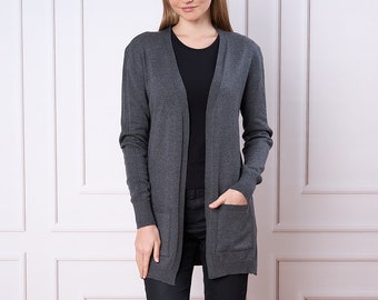 Gray Open-Front Cardigan | Cotton Blend Knit with Pockets