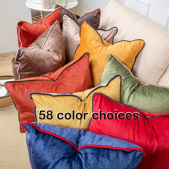 Velvet Throw Pillow Cover, Luxury Piping, Handmade Cushion, 58 Colors