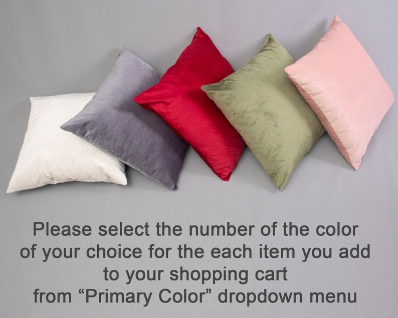 May include: Five decorative throw pillows in different colours: white, grey, red, green, and pink. Please select the number of the colour of your choice for each item you add to your shopping cart from the "Primary Colour" dropdown menu.