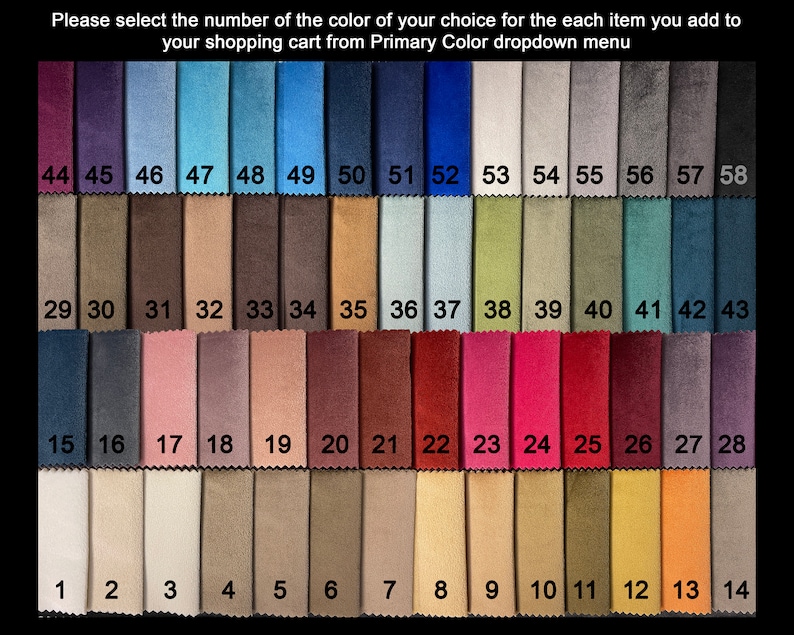 May include: A colour chart with 58 fabric swatches. The swatches are arranged in four rows of 14 swatches each. The swatches are numbered 1 through 58. The swatches are a variety of colours, including blue, green, red, brown, and beige.