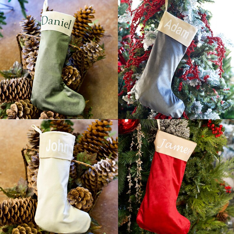 The image is a collage of four photos featuring personalized Christmas stockings hanging on a tree. Each stocking has a different name written on it, including "Daniel", "Adam", "John", and "James".