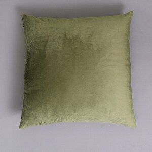 May include: A soft, green velvet cushion with a square shape. The cushion is made of a plush, velvety fabric.