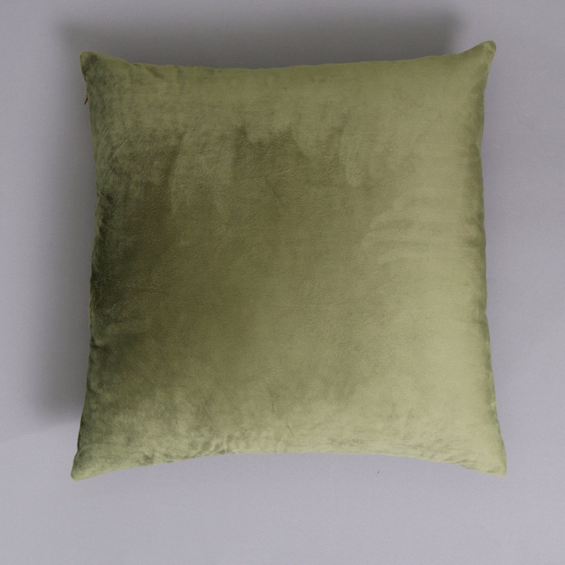 May include: A soft, green velvet cushion with a square shape. The cushion is made of a plush, velvety fabric.