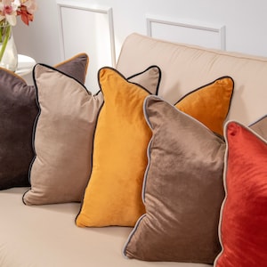Pu&ograve; includere: Cinque cuscini decorativi di diversi colori e trame. I cuscini sono disposti su un divano beige chiaro. I cuscini sono in velluto e hanno un bordo nero. I colori dei cuscini sono beige, giallo senape, marrone e rosso.