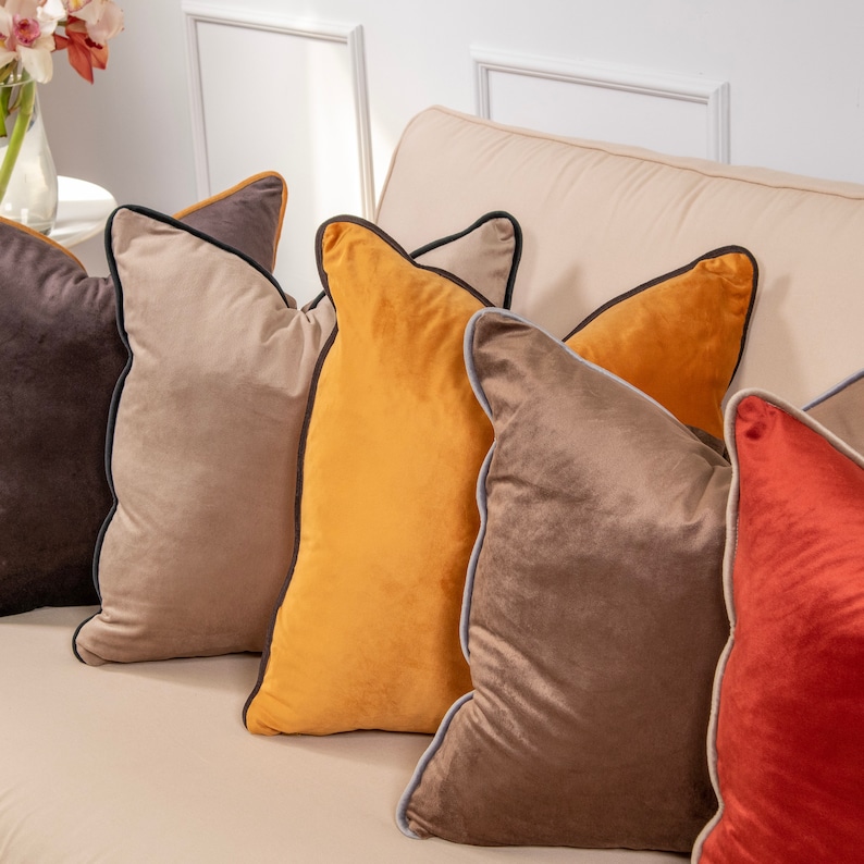 Pu&ograve; includere: Cinque cuscini decorativi di diversi colori e trame. I cuscini sono disposti su un divano beige chiaro. I cuscini sono in velluto e hanno un bordo nero. I colori dei cuscini sono beige, giallo senape, marrone e rosso.