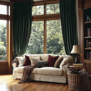 May include: A comfortable living room with a beige sofa and cushions in cream, burgundy, and brown. Dark green velvet curtains frame a large window with a view of trees. A wicker basket and a table lamp add to the room's inviting atmosphere.