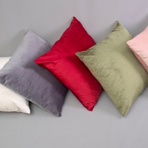 May include: Five decorative throw pillows in various colors and textures. The pillows are arranged in a row on a gray surface. The pillows are made of velvet and have a soft, plush feel.