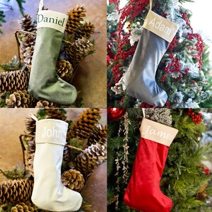 The image is a collage of four photos featuring personalized Christmas stockings hanging on a tree. Each stocking has a different name written on it, including "Daniel", "Adam", "John", and "James".