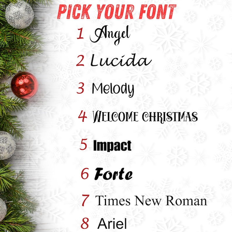 a list of Christmas-themed font names, with each name corresponding to a different ornament. The list includes "Angel", "Luciada", "Melody", "Welcome Christmas", "Impact", "Forte", "Times New Roman", and "Ariel".