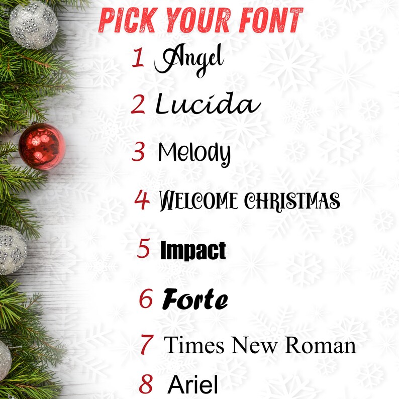 a list of Christmas-themed font names, with each name corresponding to a different ornament. The list includes "Angel", "Luciada", "Melody", "Welcome Christmas", "Impact", "Forte", "Times New Roman", and "Ariel".