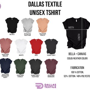 Peut inclure: Un nuancier pr&eacute;sentant diff&eacute;rentes couleurs de t-shirts unisexes. Les t-shirts sont disponibles en noir, gris chin&eacute; athl&eacute;tique, p&ecirc;che chin&eacute;, mauve chin&eacute;, blanc, rouge, gris fonc&eacute;, bleu marine chin&eacute;, for&ecirc;t chin&eacute;, gris chin&eacute; fonc&eacute; et marron chin&eacute;. Les t-shirts sont en 100% coton ou 52% coton et 48% polyester. Les t-shirts sont de la marque Bella + Canvas.