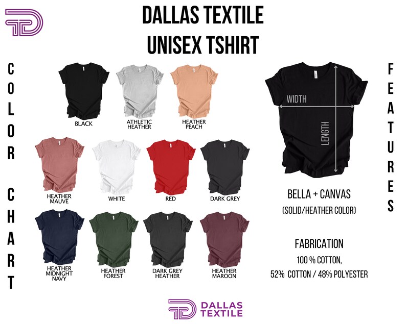 Peut inclure: Un nuancier pr&eacute;sentant diff&eacute;rentes couleurs de t-shirts unisexes. Les t-shirts sont disponibles en noir, gris chin&eacute; athl&eacute;tique, p&ecirc;che chin&eacute;, mauve chin&eacute;, blanc, rouge, gris fonc&eacute;, bleu marine chin&eacute;, for&ecirc;t chin&eacute;, gris chin&eacute; fonc&eacute; et marron chin&eacute;. Les t-shirts sont en 100% coton ou 52% coton et 48% polyester. Les t-shirts sont de la marque Bella + Canvas.