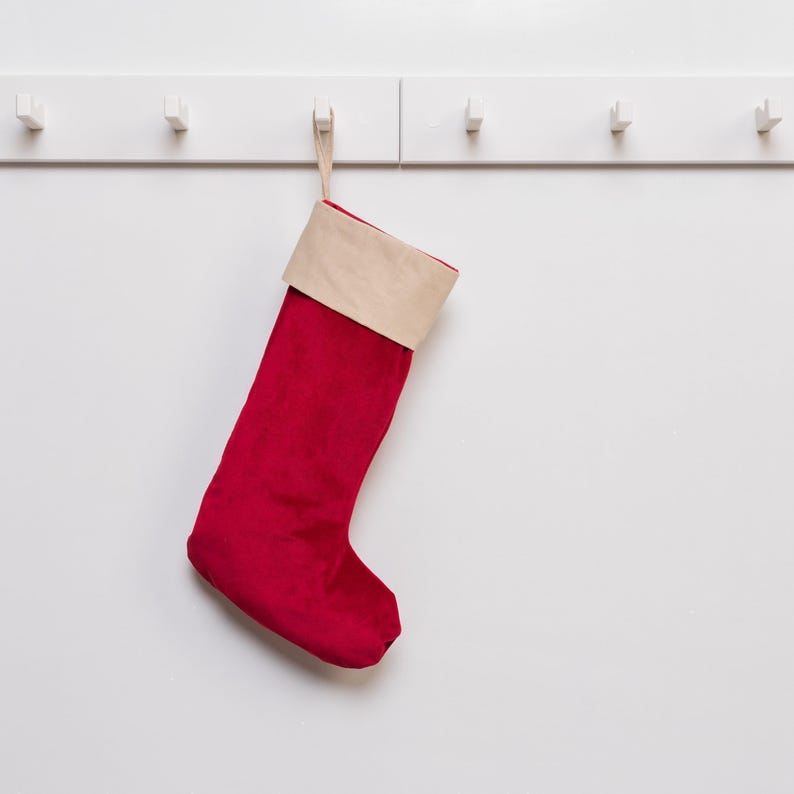 Personalized Velvet Christmas Stocking, Beige Cuff, Family Gift image 4