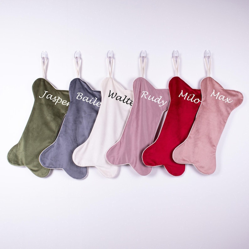 Velvet Christmas Stocking, Personalized Dog Bone Stocking, 16'' image 1