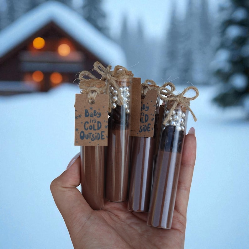 May include: Several glass tubes filled with a brown powder, topped with silver beads and tied with twine. Each tube has a small tag that reads "Baby it's Cold Outside". The background shows a snowy landscape and a cabin.
