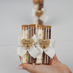 May include: Four glass test tubes filled with white and brown sprinkles, tied with white ribbon and a brown heart-shaped tag that says "Merry Christmas!"
