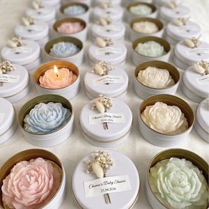 Personalized Flower Tin Candle Favors, Customized Peony Flower Tin Candles in Bulk, Scented Soy Wax Tin Candle, Elegant Wedding Candle Favor