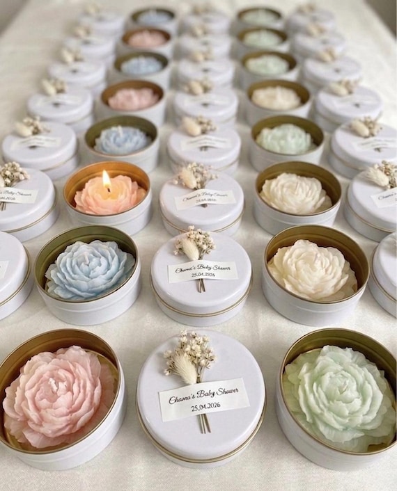 Personalized Flower Tin Candle Favors, Customized Peony Flower Tin Candles in Bulk, Scented Soy Wax Tin Candle, Elegant Wedding Candle Favor
