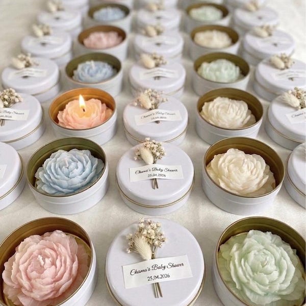 Personalized Flower Tin Candle Favors, Customized Peony Flower Tin Candles in Bulk, Scented Soy Wax Tin Candle, Elegant Wedding Candle Favor