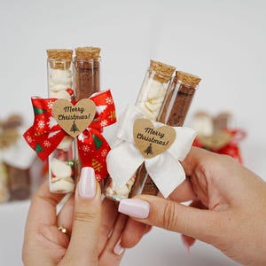 May include: Two glass test tubes filled with white and brown ingredients, tied with red and white ribbon and a brown heart-shaped tag that says "Merry Christmas!"