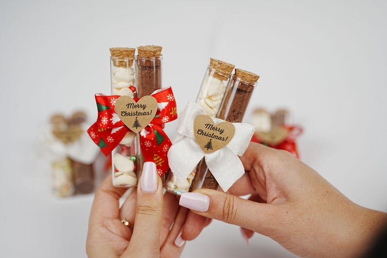 May include: Two glass test tubes filled with white and brown ingredients, tied with red and white ribbon and a brown heart-shaped tag that says "Merry Christmas!"