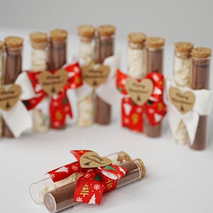 May include: A set of small glass tubes tied with red and white ribbon, each containing a white and brown powder. The tubes are decorated with a heart-shaped tag that says "Merry Christmas".