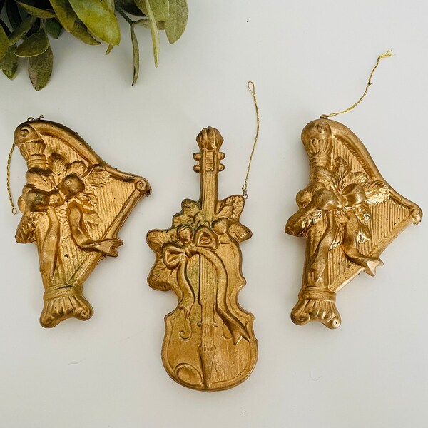 Vintage Christmas Tree Ornaments Baubles, Harp Violin Kitsch Gold Festive Decorations, Ornate Baroque Rococo, Musical Instruments