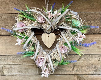 Heart shaped Door Wreath With Lavender And Pink Blossoms, Handmade Pretty Spring Summer Pastels Door Decoration, Boho Country Cottage Style