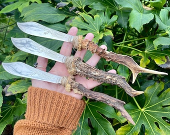 Hand Made Athame With Natural Deer Antler Handle And Antique Silver Blade, Ceremonial Dagger, Witchcraft Tools For Wiccan Pagan Alter