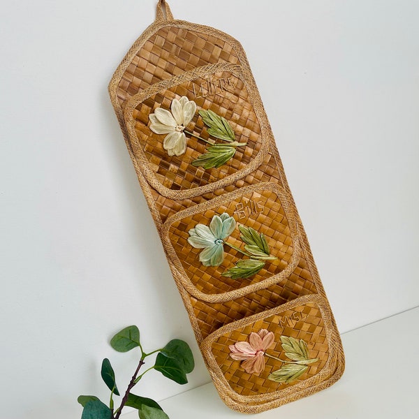 Vintage 70s Rattan Letter Rack, Wall Hanging Paperwork Holder, Wicker Storage Tiki Boho Decor, Retro Floral Organiser