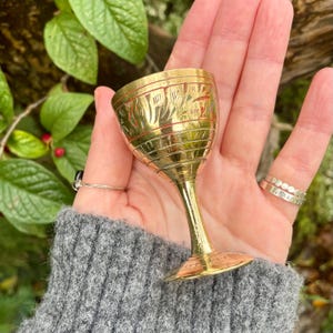 Pode incluir: Um pequeno e ornamentado cálice de latão com um design floral detalhado gravado ao redor da borda. O cálice tem uma haste fina e uma base circular larga. A cor geral é um ouro quente e polido. O cálice é segurado em uma mão.
