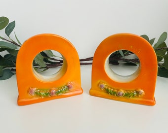 Pair Of Vintage Bookends 1930s Art Deco, Bright Orange Ceramic, Colourful Quirky Book Holders