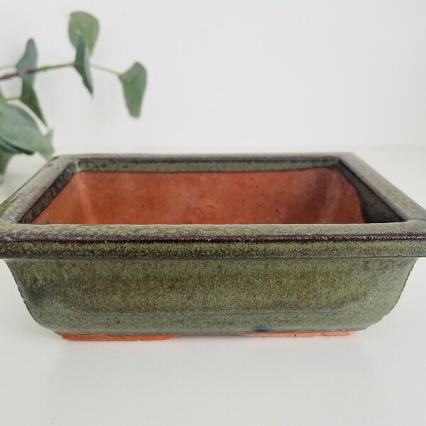 Petit plat à bonsaï vintage 14 cm, jardinière d'intérieur rectangulaire, terre cuite à glaçure mouchetée verte, cache-pot oriental