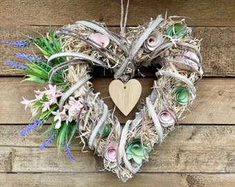 Heart shaped Door Wreath With Lavender And Pink Blossoms, Handmade Pretty Spring Summer Pastels Door Decoration, Boho Country Cottage Style
