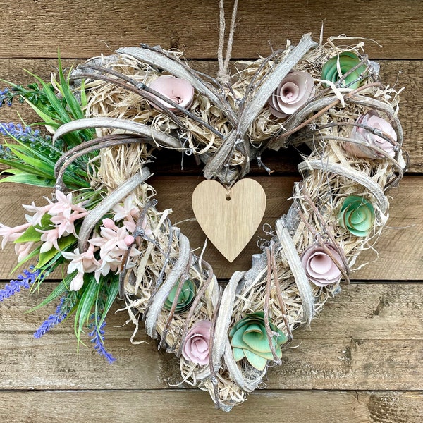 Heart shaped Door Wreath With Lavender And Pink Blossoms, Handmade Pretty Spring Summer Pastels Door Decoration, Boho Country Cottage Style