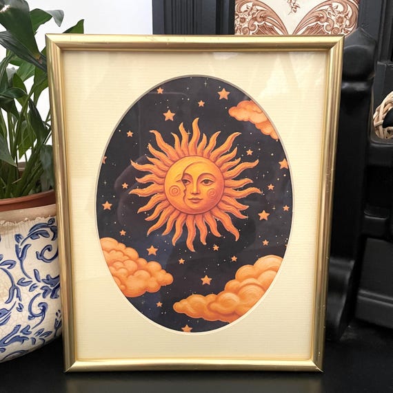 Vintage Celestial Print In Gold Frame, Oval Y2K Sun And Moon Art, Astrology Gallery Wall, Boho Decor