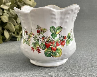 Vintage Small Plant Pot With Strawberries, White Ceramic Indoor Planter Strawberry Design, Boho Country Cottage Style English Pottery