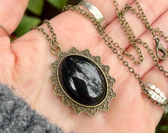 Scrying Mirror Pendant Necklace, Handmade Small Black Glass For Divination, Witches Travel Alter Tools, Witchy Gift