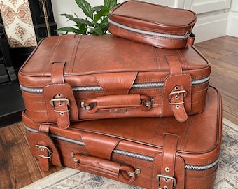 Pair Of Vintage Suitcases Brown Faux Leather, Photography Prop Wine Bar Decor, Retro Luggage Storage Trunks With Toiletries Case