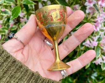 Vintage Brass Chalice, Small Ornate Ritual Goblet For Witches Travel Alter, Pagan Wiccan Offering Cup