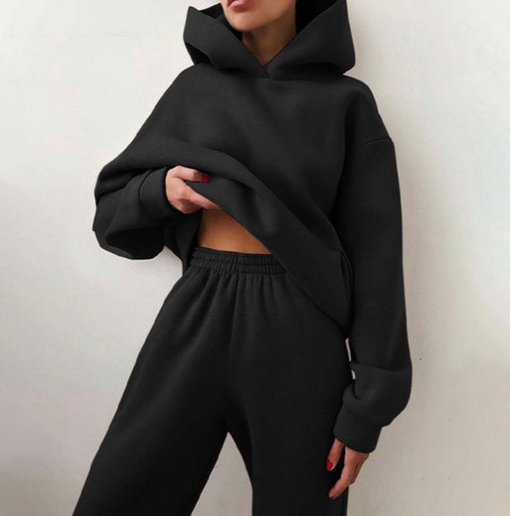 BLACK 2 PIECE SET Black sweatpants and hoodie set for women. | Etsy