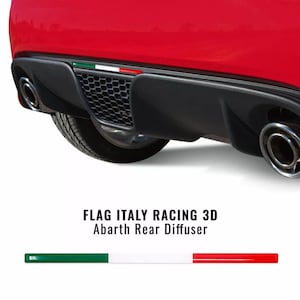 May include: Black rear car diffuser with a honeycomb mesh and Italian flag detail. The text "FLAG ITALY RACING 3D Abarth Rear Diffuser" is displayed below the car. A green, white, and red bar is shown at the bottom.