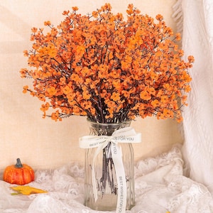 10Pcs Fall Artificial Baby&#39;s Breath Flowers – Orange Gypsophila Stems for Autumn Wedding, Table Decor, Thanksgiving & Home Centerpieces