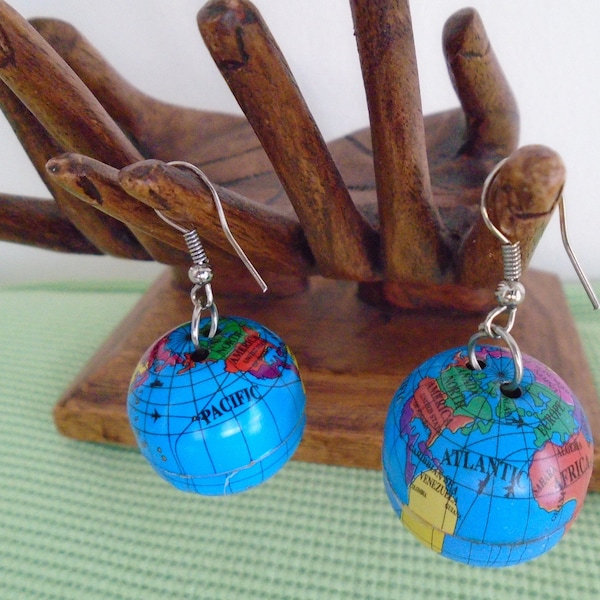 WORLD Globe dangle pierced Earrings! Hand-crafted !!GO GLOBAL!! 1"W x 1.75"L. Perfect gift for Teachers, world travelers, Stocking stuffers