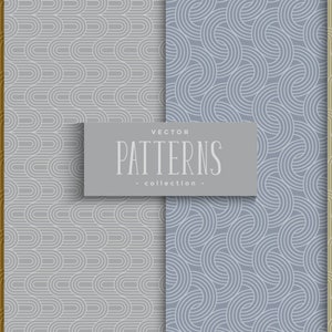 Puede incluir: Conjunto de seis patrones vectoriales sin costuras con diseños geométricos en tonos de azul, gris y amarillo. Los patrones presentan líneas y curvas repetitivas.