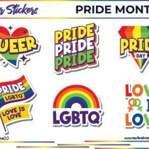 Puede incluir: Un conjunto de ocho pegatinas para coches con temas del mes del orgullo. Las pegatinas presentan colores arcoíris, las palabras "Orgullo", "Raro", "LGBTQ" y "El amor es amor", y un corazón arcoíris.