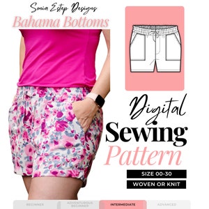 Puede incluir: Un patrón de costura digital para Bahama Bottoms, un short con cintura de cordón y bolsillos. El patrón está disponible en las tallas 00-30 y se puede hacer con telas tejidas o de punto. La imagen muestra a una modelo usando un short con estampado floral.