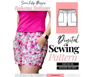 Patrón de costura de pantalones cortos de lino inferior Bahama / Patrón de costura de pantalones de lino / Patrón de costura digital de pantalones cortos