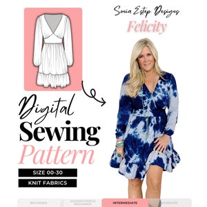 Puede incluir: Un patrón de costura digital para un vestido llamado "Felicity" de Sonia Estep Designs. El patrón es para las tallas 00-30 y está diseñado para tejidos de punto. El patrón se muestra con un vestido blanco de manga larga y cuello en V. El patrón está clasificado como de dificultad "Intermedia".
