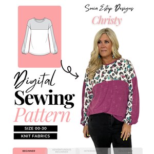May include: Digital sewing pattern for a long-sleeved top called "Christy" by Sonia Estep Designs. The pattern includes instructions for sizes 00-30 and is designed for knit fabrics. The image shows a model wearing a finished top with a leopard print and pink fabric.